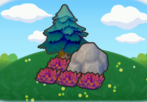 Pointy tree-shaded rocky tall grass